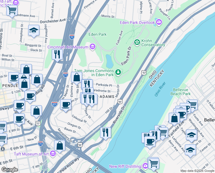 map of restaurants, bars, coffee shops, grocery stores, and more near 1001 Parkside Place in Cincinnati
