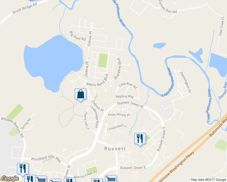map of restaurants, bars, coffee shops, grocery stores, and more near 4 Little River Road in Laurel