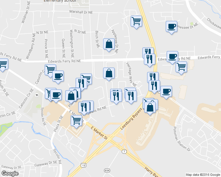 map of restaurants, bars, coffee shops, grocery stores, and more near 220 Meadows Lane Northeast in Leesburg