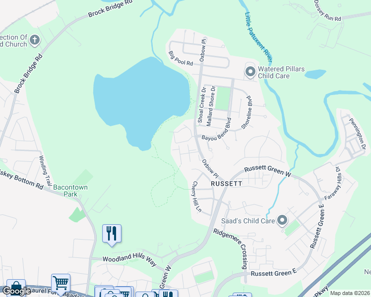 map of restaurants, bars, coffee shops, grocery stores, and more near 8212 Spadderdock Way in Laurel
