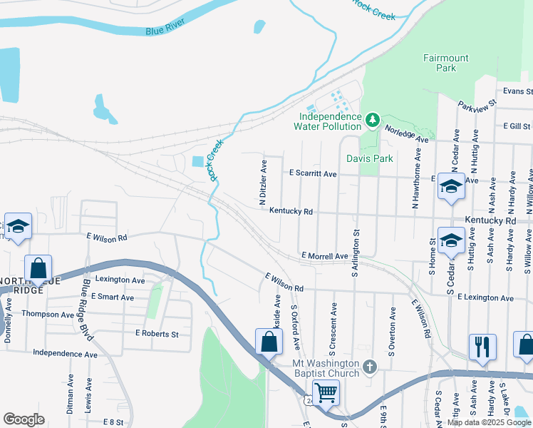 map of restaurants, bars, coffee shops, grocery stores, and more near 116 North Brookside Avenue in Independence