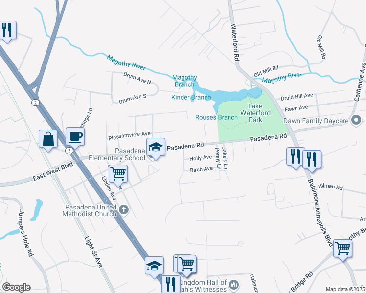 map of restaurants, bars, coffee shops, grocery stores, and more near Pasadena Road in Pasadena