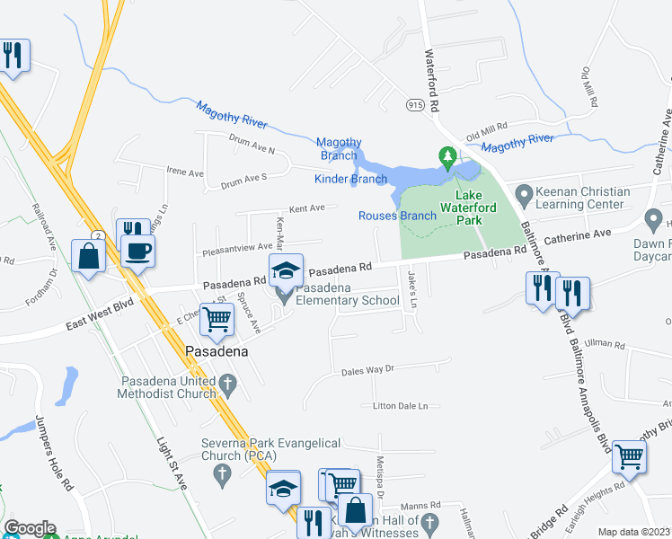 map of restaurants, bars, coffee shops, grocery stores, and more near Pasadena Road in Pasadena