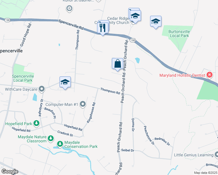 map of restaurants, bars, coffee shops, grocery stores, and more near 15421 Thompson Road in Silver Spring