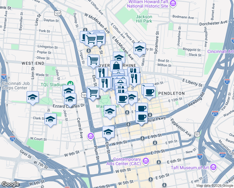 map of restaurants, bars, coffee shops, grocery stores, and more near 1328 Republic Street in Cincinnati