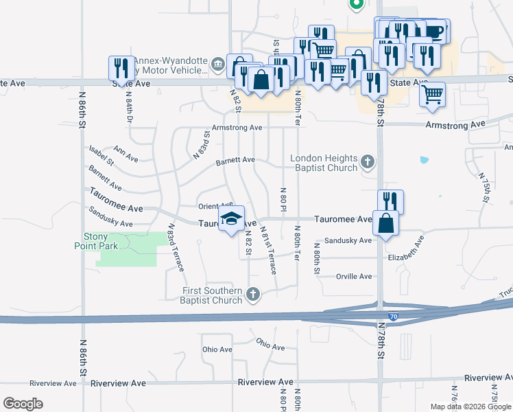 map of restaurants, bars, coffee shops, grocery stores, and more near 707 North 82 Street in Kansas City