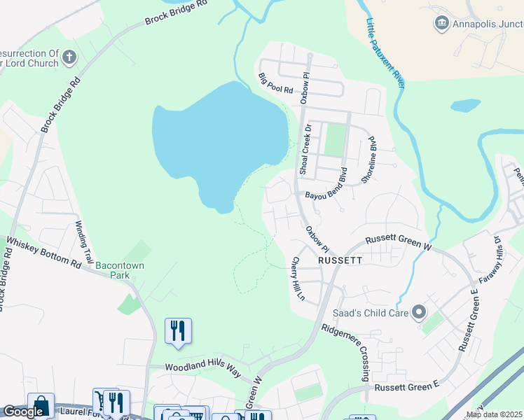 map of restaurants, bars, coffee shops, grocery stores, and more near 3218 Water Lily Court in Laurel