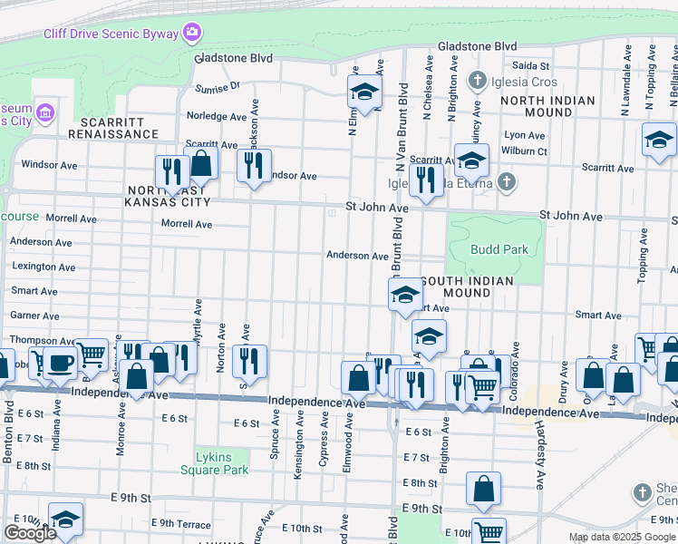 map of restaurants, bars, coffee shops, grocery stores, and more near 316 Elmwood Avenue in Kansas City