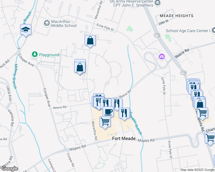 map of restaurants, bars, coffee shops, grocery stores, and more near 2965 2nd Army Drive in Fort Meade