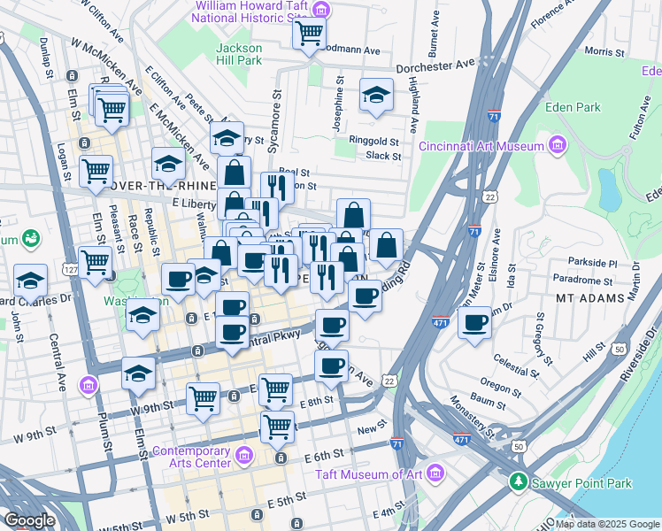 map of restaurants, bars, coffee shops, grocery stores, and more near Spring Street in Cincinnati