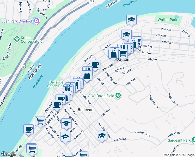 map of restaurants, bars, coffee shops, grocery stores, and more near in Dayton