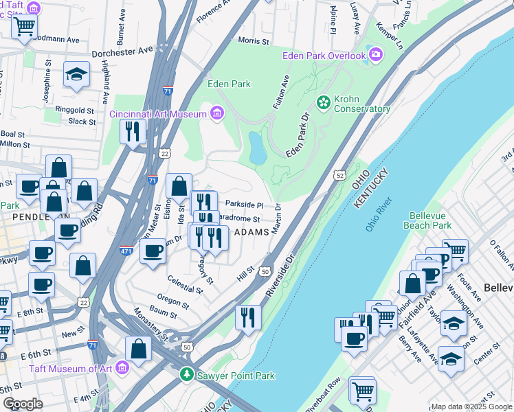 map of restaurants, bars, coffee shops, grocery stores, and more near 966 Mount Adams Drive in Cincinnati