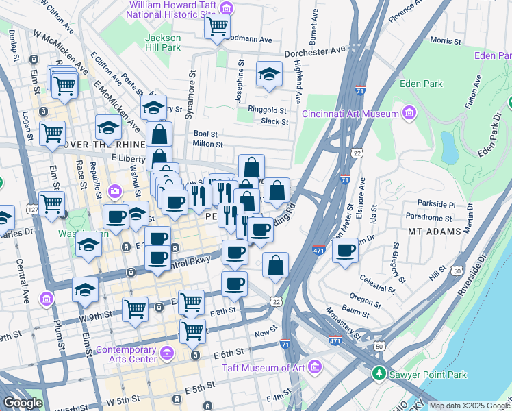 map of restaurants, bars, coffee shops, grocery stores, and more near 1310 Pendleton Street in Cincinnati
