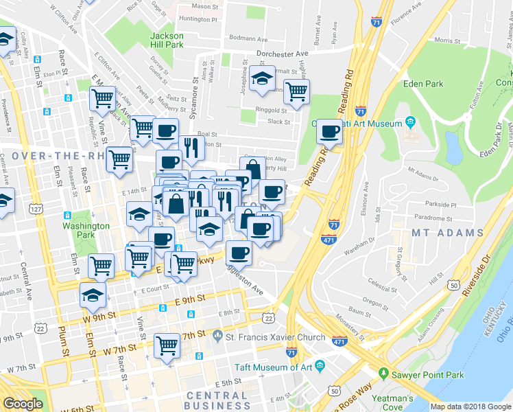 map of restaurants, bars, coffee shops, grocery stores, and more near in Cincinnati