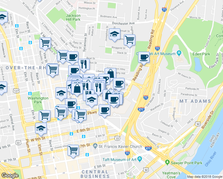map of restaurants, bars, coffee shops, grocery stores, and more near in Cincinnati