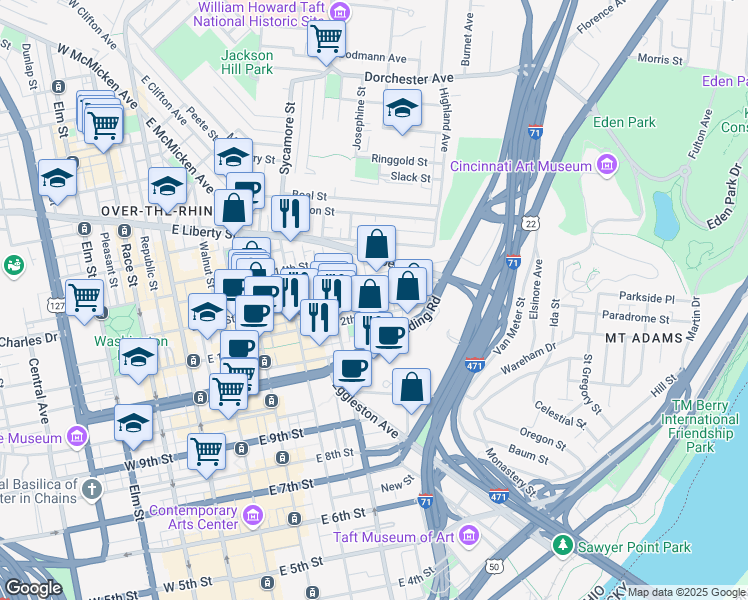 map of restaurants, bars, coffee shops, grocery stores, and more near 1310 Pendleton Street in Cincinnati