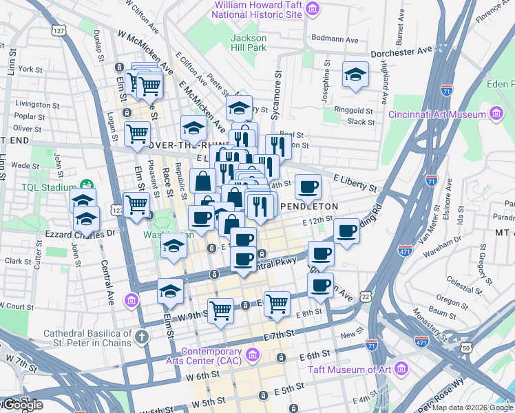 map of restaurants, bars, coffee shops, grocery stores, and more near 216 Woodward Street in Cincinnati