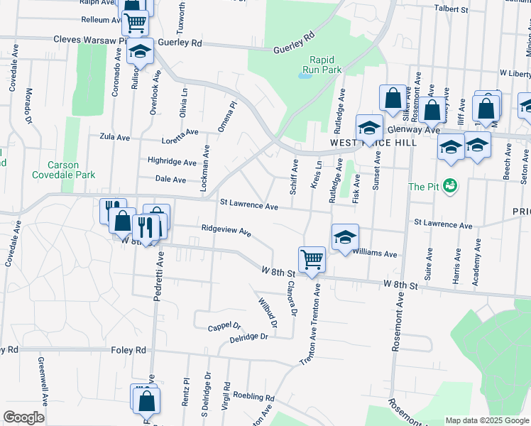 map of restaurants, bars, coffee shops, grocery stores, and more near 4501 Clearview Avenue in Cincinnati
