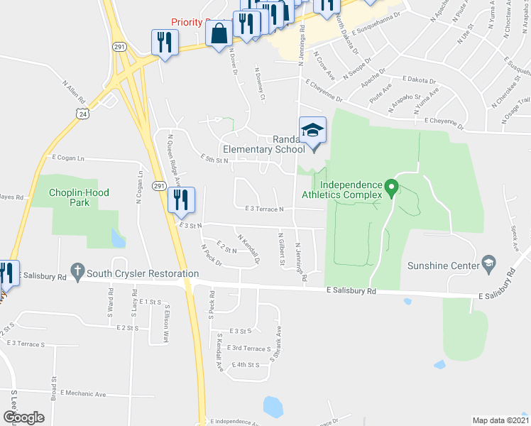 map of restaurants, bars, coffee shops, grocery stores, and more near 336 North Downey Avenue in Independence