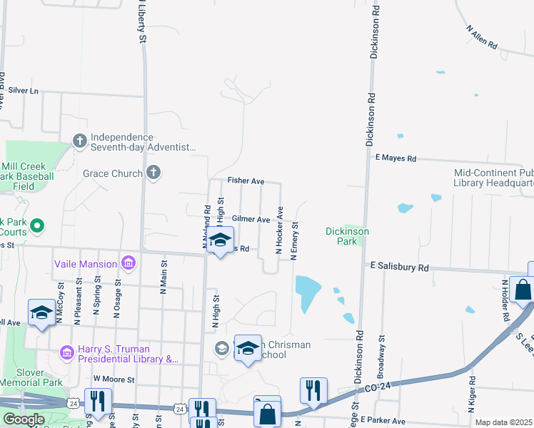 map of restaurants, bars, coffee shops, grocery stores, and more near 1710 North Hocker Avenue in Independence