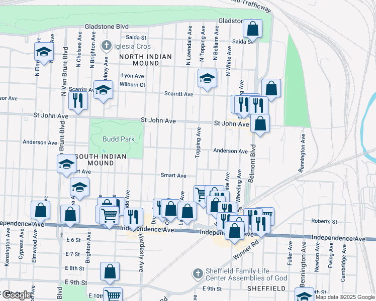 map of restaurants, bars, coffee shops, grocery stores, and more near 135 Lawndale Avenue in Kansas City