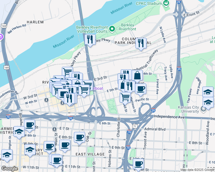 map of restaurants, bars, coffee shops, grocery stores, and more near 700 East 4th Street in Kansas City