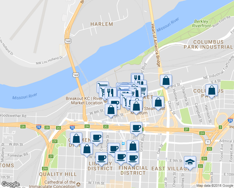 map of restaurants, bars, coffee shops, grocery stores, and more near 136 Main Street in Kansas City