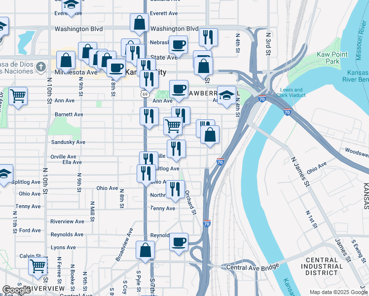 map of restaurants, bars, coffee shops, grocery stores, and more near 531 Sandusky Avenue in Kansas City