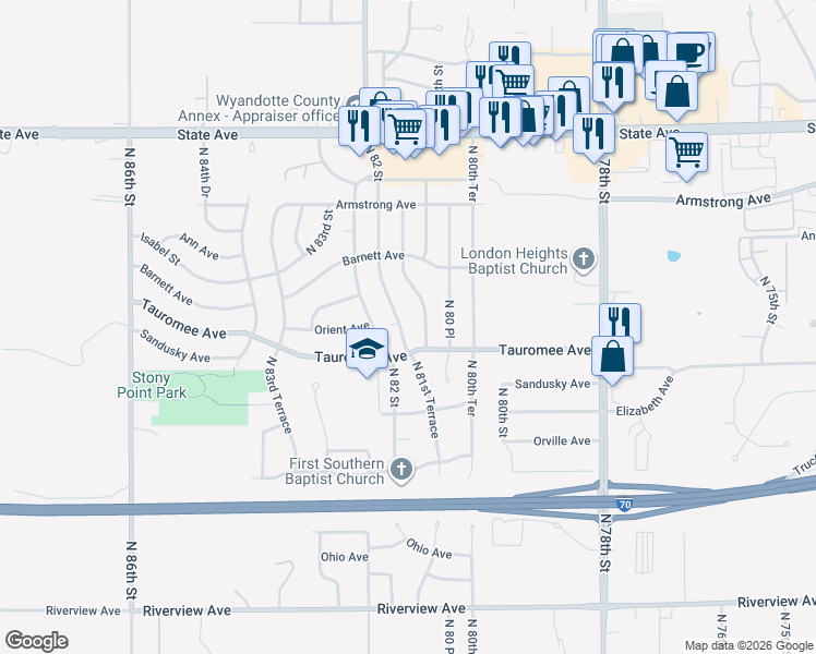 map of restaurants, bars, coffee shops, grocery stores, and more near 707 North 82 Street in Kansas City