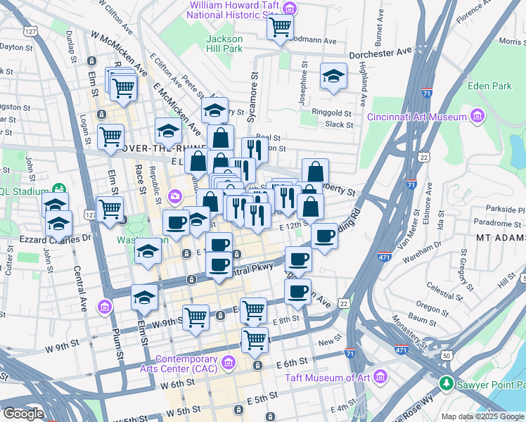 map of restaurants, bars, coffee shops, grocery stores, and more near 1398 Sycamore Street in Cincinnati