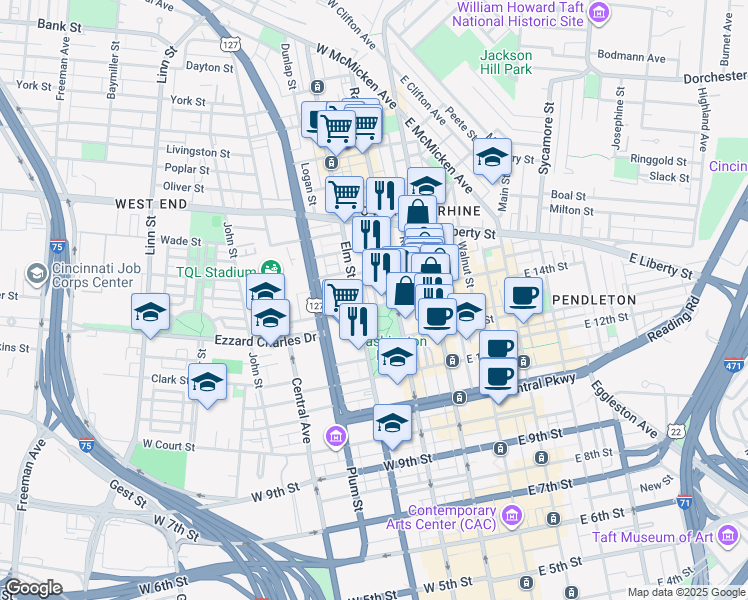 map of restaurants, bars, coffee shops, grocery stores, and more near 116 West 14th Street in Cincinnati