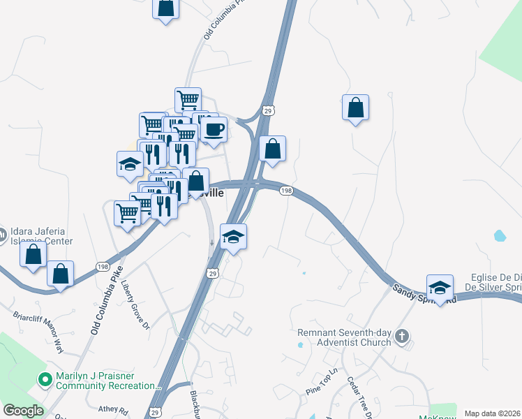 map of restaurants, bars, coffee shops, grocery stores, and more near 4001 Sandy Spring Road in Burtonsville