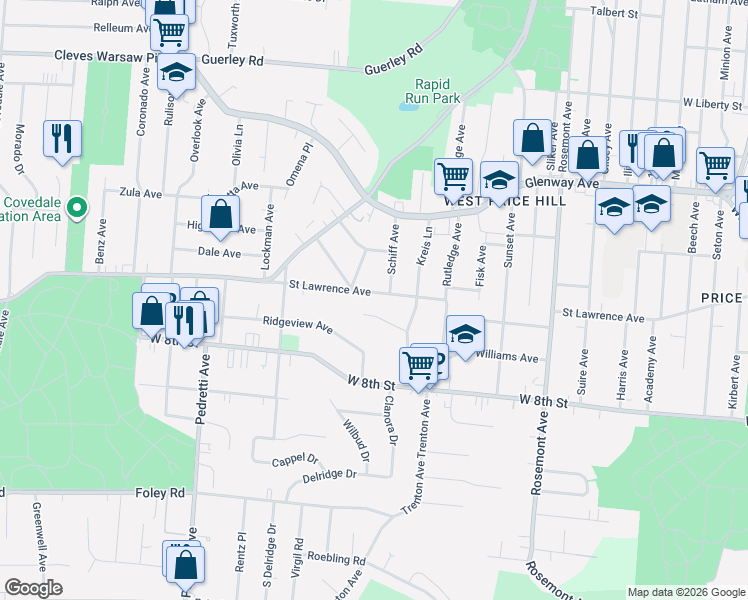 map of restaurants, bars, coffee shops, grocery stores, and more near 4248 Saint Lawrence Avenue in Cincinnati