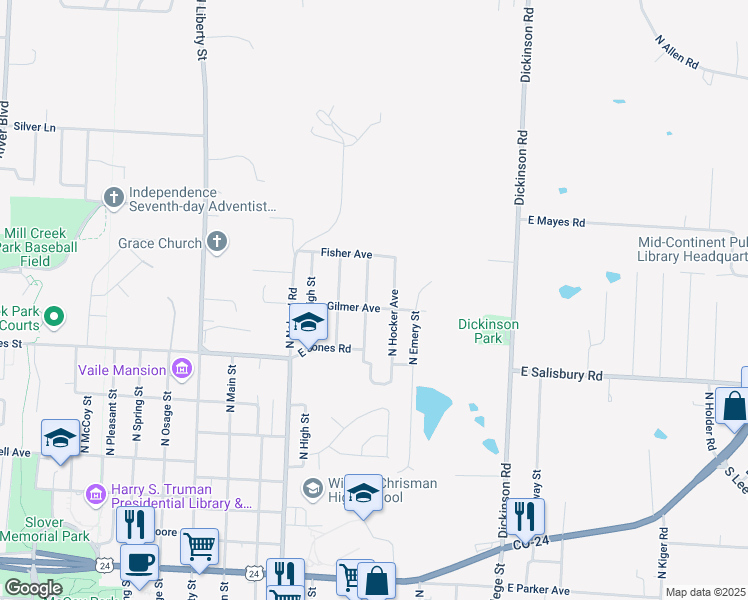 map of restaurants, bars, coffee shops, grocery stores, and more near 1710 North Hocker Avenue in Independence
