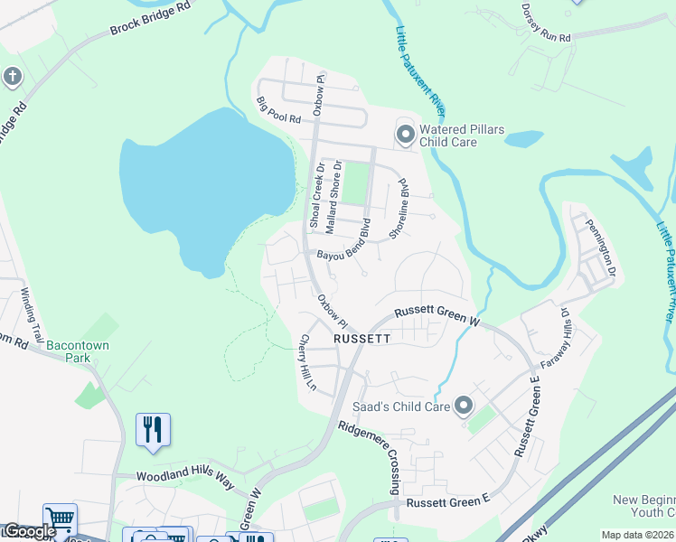 map of restaurants, bars, coffee shops, grocery stores, and more near 8205 Swamp Rose Place in Laurel