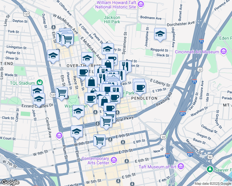 map of restaurants, bars, coffee shops, grocery stores, and more near 216 Woodward Street in Cincinnati