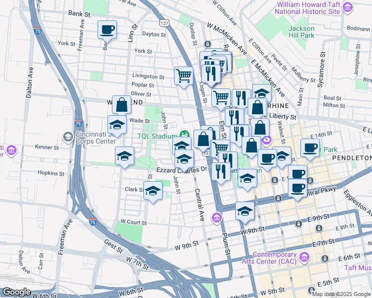 map of restaurants, bars, coffee shops, grocery stores, and more near 420 Ezzard Charles Drive in Cincinnati