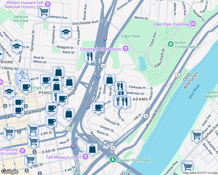 map of restaurants, bars, coffee shops, grocery stores, and more near 1264 Elsinore Avenue in Cincinnati