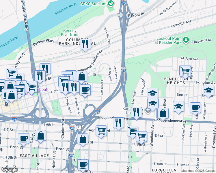map of restaurants, bars, coffee shops, grocery stores, and more near 508 Tracy Avenue in Kansas City