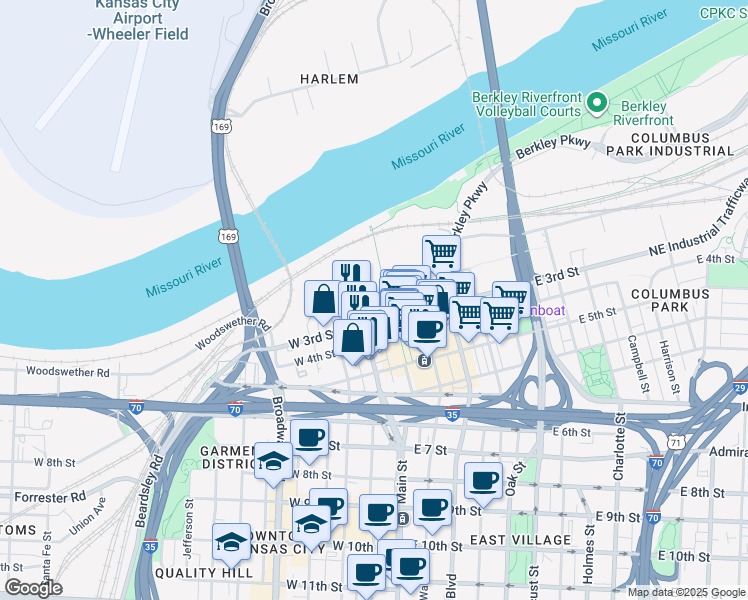 map of restaurants, bars, coffee shops, grocery stores, and more near 136 Main Street in Kansas City