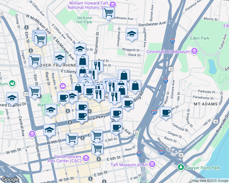 map of restaurants, bars, coffee shops, grocery stores, and more near in Cincinnati