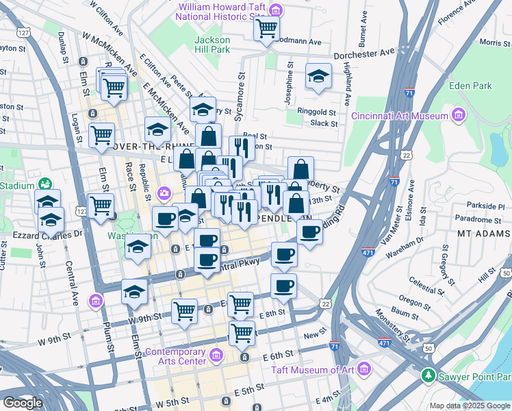 map of restaurants, bars, coffee shops, grocery stores, and more near 1322 Sycamore Street in Cincinnati