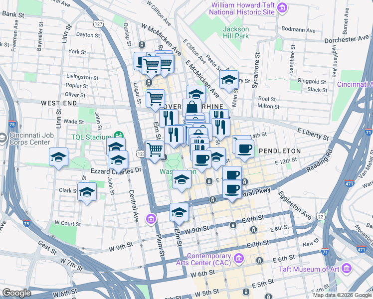 map of restaurants, bars, coffee shops, grocery stores, and more near 1414 Republic Street in Cincinnati