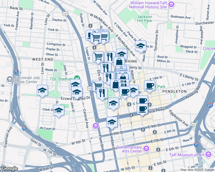 map of restaurants, bars, coffee shops, grocery stores, and more near 1419 Race Street in Cincinnati