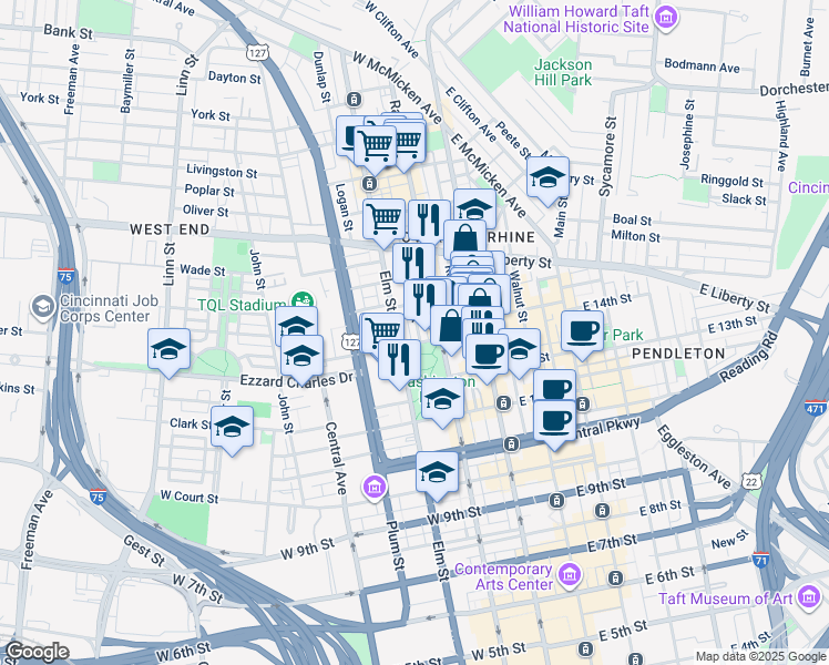 map of restaurants, bars, coffee shops, grocery stores, and more near 1419 Race Street in Cincinnati