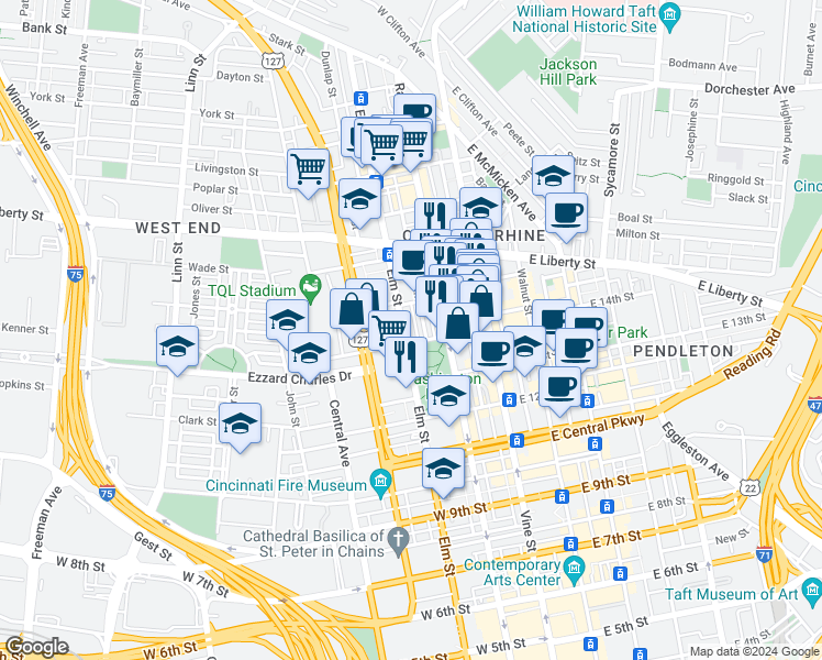 map of restaurants, bars, coffee shops, grocery stores, and more near 1429 Elm Street in Cincinnati