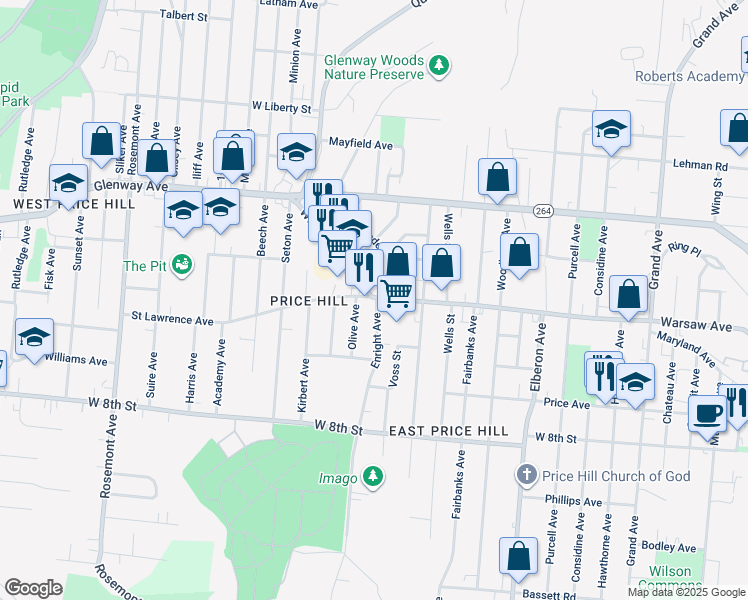 map of restaurants, bars, coffee shops, grocery stores, and more near 3664 Warsaw Avenue in Cincinnati