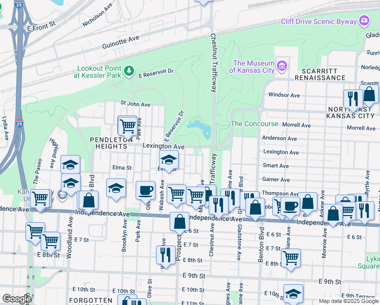 map of restaurants, bars, coffee shops, grocery stores, and more near 2617 Lexington Avenue in Kansas City