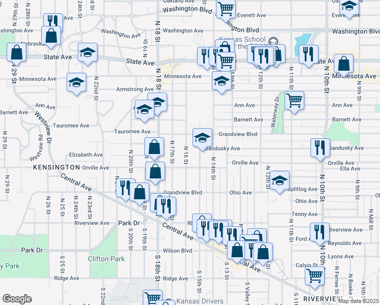 map of restaurants, bars, coffee shops, grocery stores, and more near 433 North 16 Street in Kansas City
