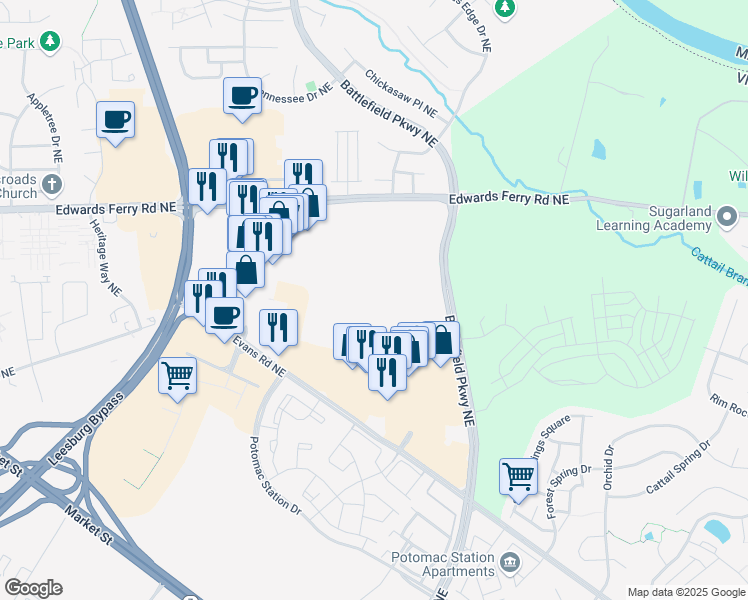 map of restaurants, bars, coffee shops, grocery stores, and more near 1503 Edwards Ferry Road Northeast in Leesburg